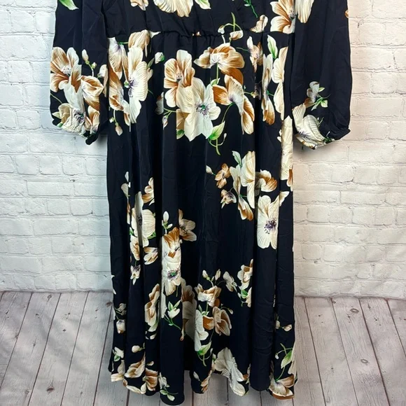 BloomChic Navy Floral Surplice Neck Lantern Sleeve Pocket Dress Size Large 12 - Picture 6 of 7